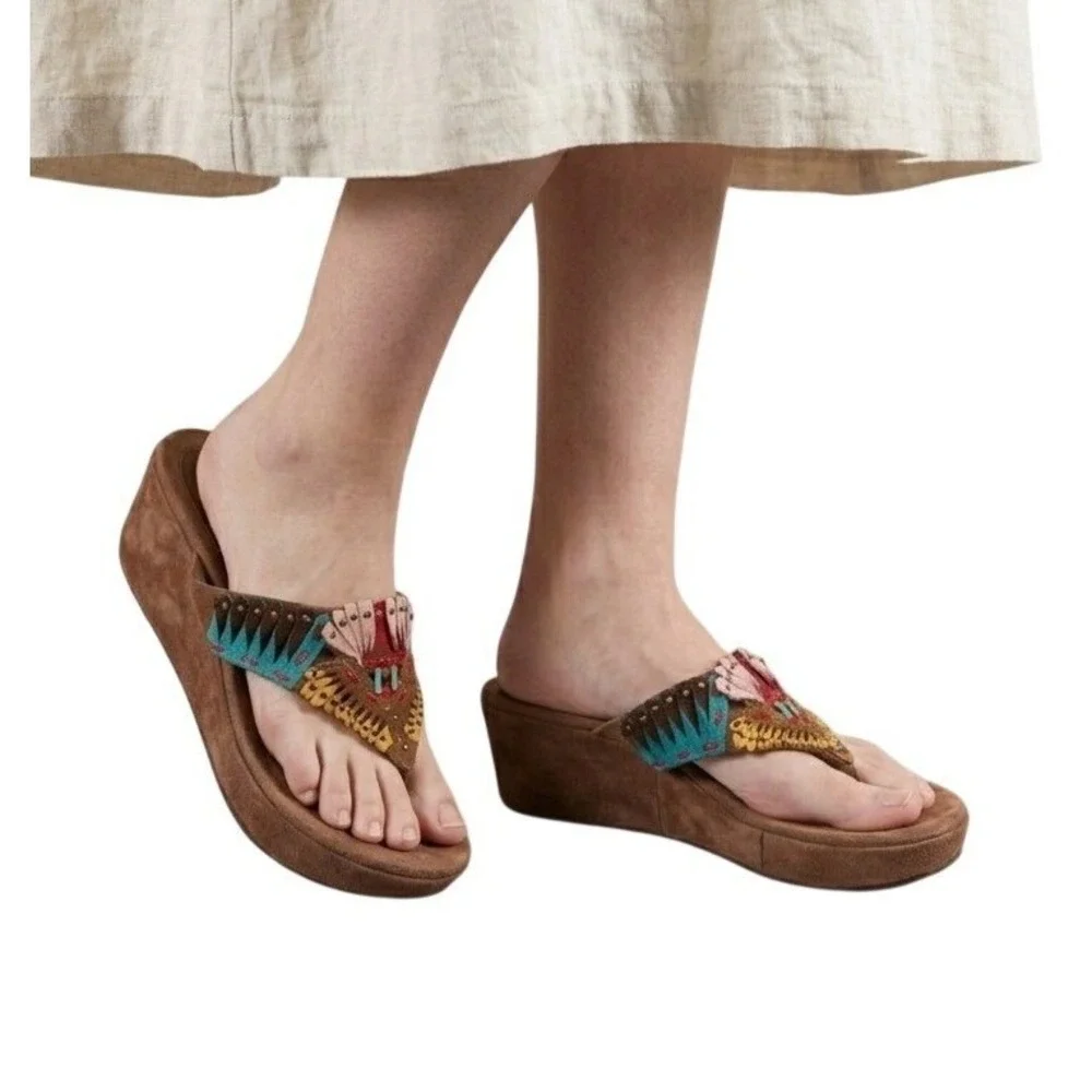Azura Women Size 38 Brown Suede Colorful Embroidered Boho Wedge Platform Sandals